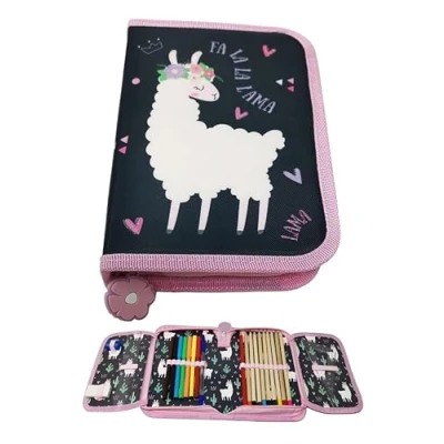 Abbildung von Theonoi Pferd Federmäppchen Federtasche Federmappe Mäppchen Etui 2 Fach Doppeldecker Schüleretui Stifteetui GEFÜLLT Geschenk für Mädchen (Lama)