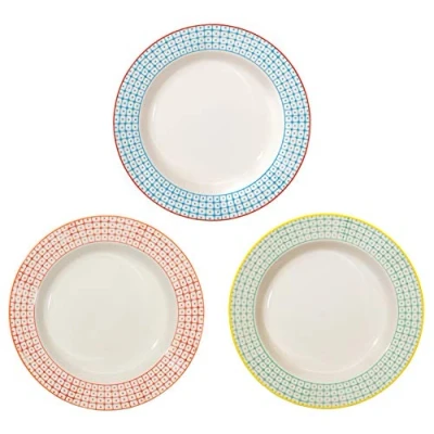 Abbildung von Bloomingville Suppenteller Carla Retro tiefe Teller Vintage große Ø 24 x H 4 cm, blau rot grün, Keramik, 3er Set, fasst ca. 400 ml