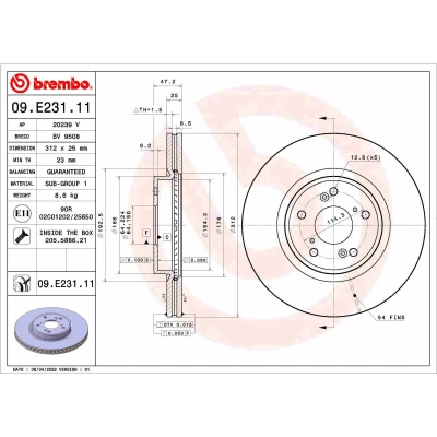 Abbildung von BREMBO 09.E231.11 Bremsscheibe 312 25 5 innenbelüftet beschichtet mit Schrauben