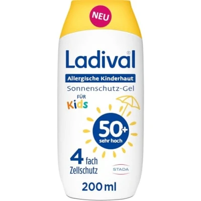 Abbildung von Ladival Kinder Sonnenschutz Gel LSF 50+ für allergische Kinderhaut Sonnencreme wasserfester UV Schutz empfindliche Baby &amp; Kinderhaut, bei Sonnenallergie, pflegend, ab 6 Monaten geeignet, 200ml