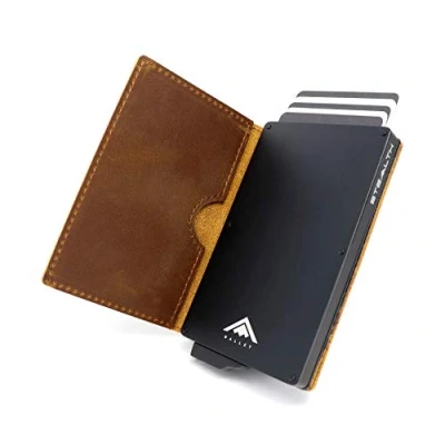 Abbildung von Stealth Wallet RFID Kartenportmonai Herren Minimalistische Pop Up Portemonnaies mit Geschenkbox Leichte Metall Kreditkartenhalter für Männer (Schwarzes Aluminium, Braunes Crazy Horse Leder)