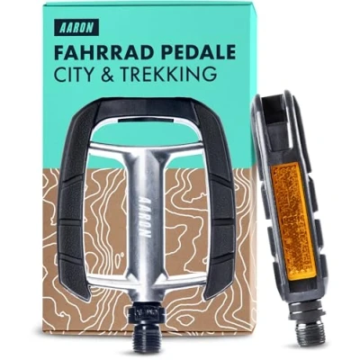 Abbildung von AARON City Fahrradpedale mit rutschfestem Gummi Grip und abgedichtetem Industrie Kugellager, Trekkingpedale Reflektoren für E Bike, Trekking Silber/Schwarz