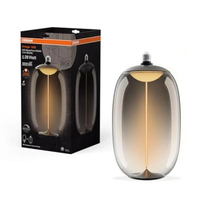 Abbildung von OSRAM Vintage 1906 Big Elipse Oval ist eine dimmbare LED Lampe aus Kunststoff mit Filament in Ellipsenform. Sie bietet 12 W für 300 lm, E27 Fassung, Smoke Design, 200 mm Durchmesser, CRI 80, 1800 K.