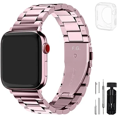 Abbildung von Fullmosa Kompatibel mit Apple Watch Armband 45mm 44mm 49mm 42mm, Metall Ersatzband für Ultra 2/Ultra SE Series 9 8 7 6 5 4 3 2 1 Edelstahl iWatch Bands Rosa
