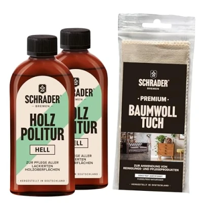 Abbildung von SCHRADER Holz Politur hell Möbelpolitur frischt lackierte Holzmöbel auf 2x 250ml Mit Poliertuch Made in Germany