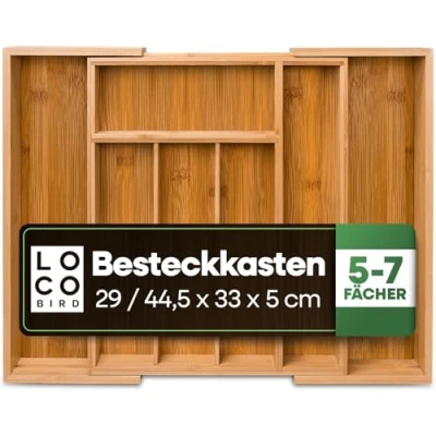 Abbildung von Loco Bird Besteckkasten für Schubladen 5 bis 7 Fächer Ausziehbarer Bambus Besteckeinsatz 40 cm Organizer Küche Schubladeneinsatz Besteck Schublade
