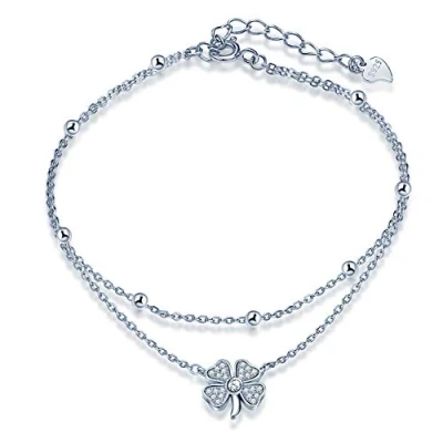 Abbildung von Yumilok Damen Mädchen Allergenfrei 925 Sterling Silber Vierblättriges Kleeblatt Fashion Fußkettchen Fußkette Doppelketten FußSchmuck