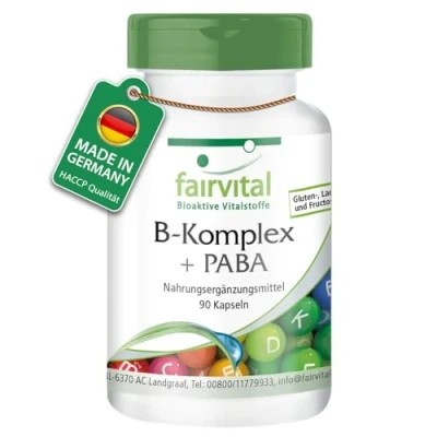Abbildung von Fairvital Vitamin B Komplex Forte + PABA 90 Kapseln 500µg B12 mit allen Vitaminen (B1, B2, B3, B5, B6, B7, B9, B12) HOCHDOSIERT VEGAN