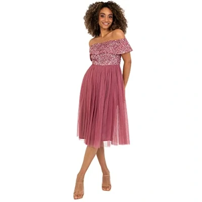Abbildung von Maya Deluxe Damen Ladies Bardot Dresses Women Midi High Empire Waist Sequins Embellished Formal Evening for Wedding Guest Brautjungfernkleid, Desert Rose, 6