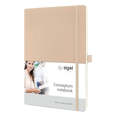 Abbildung von SIGEL CO330 Premium Notizbuch kariert, A4, Softcover, 194 nummerierte Seiten, beige, nachhaltiges Papier, mit Inhaltsverzeichnis, Stiftschlaufe, Falttasche, Gummibandverschluss, Conceptum