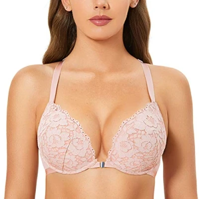 Abbildung von DOBREVA Damen Vorderverschluss BH mit Bügel Push Up Spitzen Neckholder BHS Racerback Tiefer Ausschnitt Gepolsterter Nacktes Rosa 85E