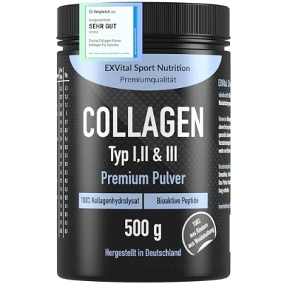 Abbildung von Collagen Pulver 500 Gramm Bioaktives Kollagen Hydrolysat Peptide, Eiweiss Geschmacksneutral, Typ 1, 2 &amp; 3 Lift Drink, hochdosiert