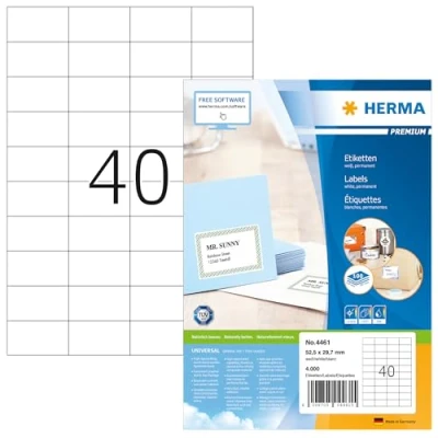 Abbildung von HERMA 4461 Universal Etiketten, 100 Blatt, 52,5 x 29,7 mm, 40 pro A4 Bogen, 4000 Stück, selbstklebend, bedruckbar, matt, blanko Papier Klebeetiketten Aufkleber, weiß