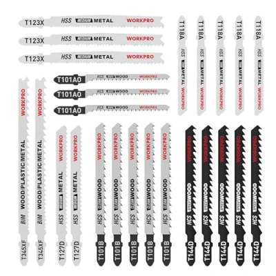 Abbildung von WORKPRO Professional Stichsägeblätter Set, 25tlg.T Schaft aus HSS/BIM/HCS für Holz,Kunststoff und Metall, inkl. Kunststoff Box