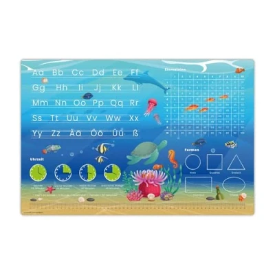Abbildung von Schreibtischunterlage für Kinder Lernunterlage zur Einschulung in Unterwasserwelt Optik ABC, 1x1, Uhrzeiten 60 x 40 cm aus abwischbarem Vinyl Made Germany (Unterwasserwelt Optik)