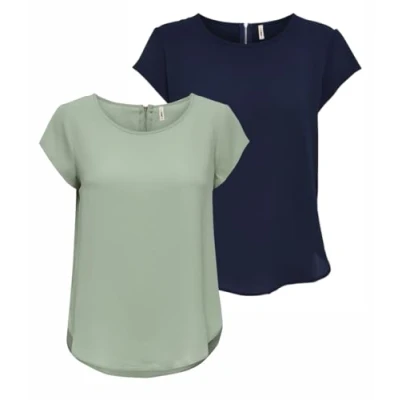 Abbildung von ONLY Damen ONLVIC S/S SOLID 2 Pack TOP, Blusenshirt, Kurzarm, Desert Sage/Navy Blazer, 42