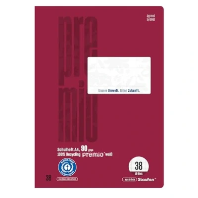 Abbildung von Staufen premio Schulheft 4 Hefte je 16 Blatt, DIN A4, Lineatur 38 (5mm kariert, Rand perforiert), 90 g/m² Recyclingpapier, runde Ecken verhindern „Eselsohren“