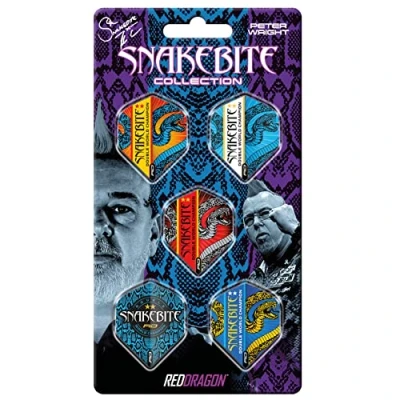 Abbildung von RED DRAGON Peter Wright Snakebite DWC Hardcore Dart Flug Sammlungen 5 Sätze pro Packung (15 Flüge insgesamt)