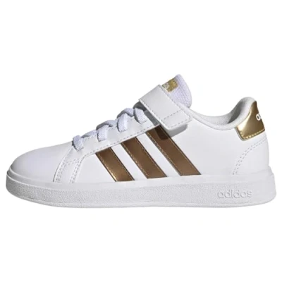 Abbildung von adidas Unisex Grand Sustainable Lifestyle Court Elastic Lace and Top Strap Shoes Tennisschuhe, Cloud White/Cloud White/Matte Gold, 36 EU