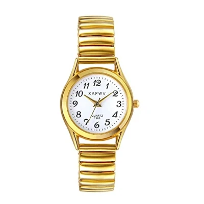 Abbildung von JewelryWe Damenuhr Armbanduhr Damen Elegant Analog Quarz Uhr mit Digital Zifferblatt und Elastisch Legierung Armband Gold
