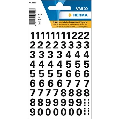 Abbildung von HERMA 4159 Zahlen Aufkleber schwarz 0 9, 71 Stück, Schriftgröße 10 mm, selbstklebend, wetterfest, klein, Nummer Ziffer Klebezahlen Sticker Hausnummern aus Folie zum Aufkleben, transparent