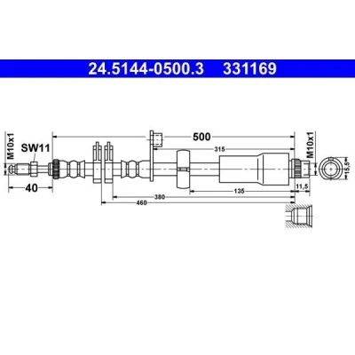 Abbildung von ATE 24.5144 0500.3 Bremsschläuche 500 M10x1 CITROËN: C8, PEUGEOT: 807