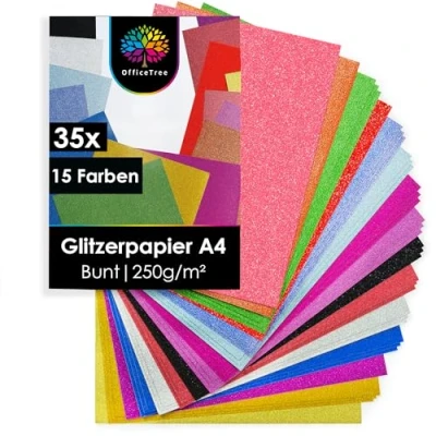 Abbildung von OfficeTree 35 x Glitzerpapier zum Basteln A4 15 Farben 250g/m² Glitzer Papier Bunt Bastelpapier Karton und Gestalten