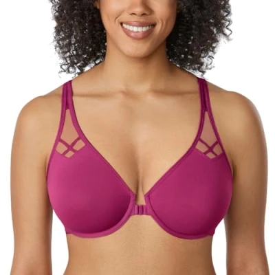 Abbildung von DELIMIRA Damen Vollschalen Vorderverschluss Seamless BH mit Bügel Ungepolster BHS Große Brüste Racerback Magenta Violett 80D