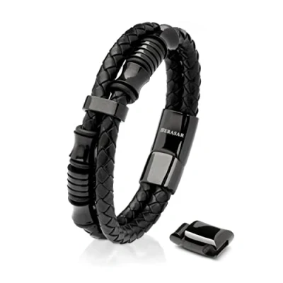 Abbildung von SERASAR Premium Lederarmband für Männer in Schwarz Magnetverschluss aus Edelstahl Schwarz, Silber &amp; Gold Inklusive Schmuckschachtel Tolle Geschenkidee