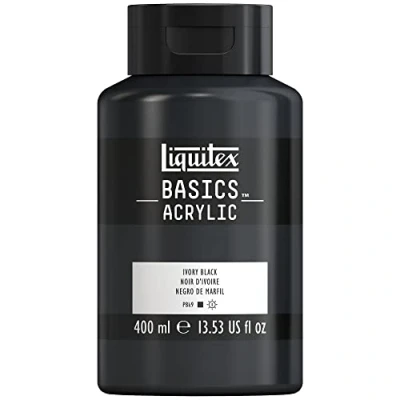 Abbildung von Liquitex 8870336 Basics Acrylfarbe, monopigmentierte Künstlerpigmente, lichtecht, mittlere Viskosität, Archivqualität, seidenglänzender Finish, 400ml Flasche Elfenbeinschwarz