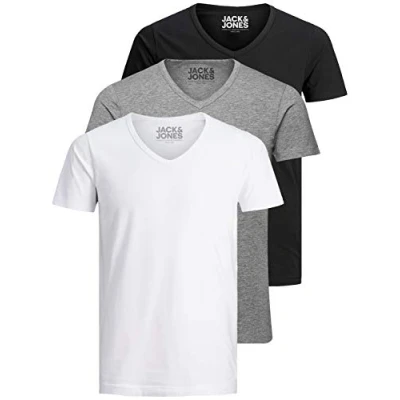 Abbildung von Jack and Jones Herren T Shirt Basic V Ausschnitt 3er Pack Einfarbig Slim Fit in Weiß Schwarz Blau Grau