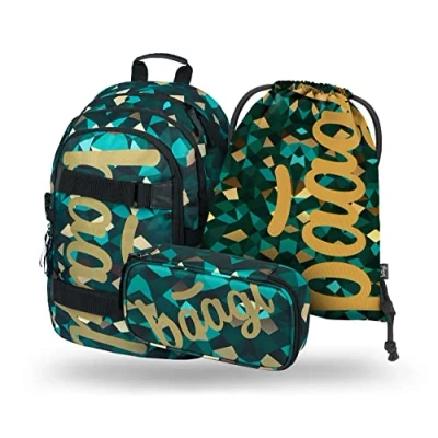 Abbildung von Baagl Schulrucksack Set Jungen Mädchen 3 Teilig, Schultasche ab 3. Klasse, Grundschule Ranzen mit Brustgurt, Ergonomischer Schulranzen (Skate Polygon)