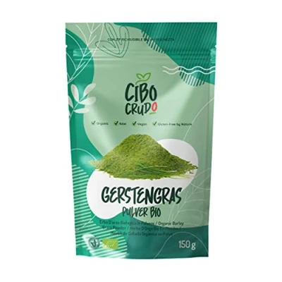 Abbildung von Gerstengras Pulver Bio 150g. Gerstengrassaft un Roh für Haare oder Detox. Organic Barley Grass Juice Powder. Green Magma.
