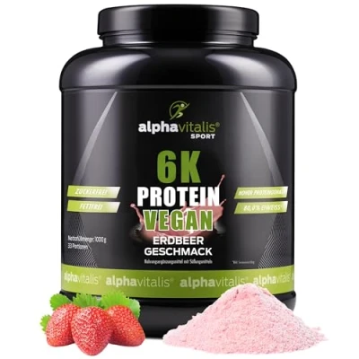 Abbildung von PROTEINPULVER vegan Erdbeer 6K Mehrkomponentenprotein 1 Kg pflanzlicher Eiweiß Shake zuckerfrei fettfrei laktosefrei hoher Proteingehalt ideal zum Kochen und Backen Eiweißpulver