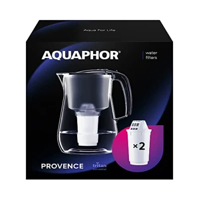 Abbildung von AQUAPHOR Wasserfilter Provence Schwarz inkl. 2 A5 Filter mit Magnesium I Karaffe für 4,2l Großer WasserfiIter in Glasoptik Reduziert Kalk &amp; Chlor Tischwasserfilter Stylischer Behälter