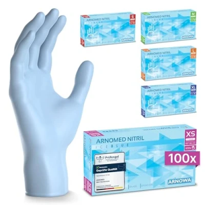 Abbildung von ARNOMED Einweghandschuhe Hellblau 100 Stück/Box, Einmalhandschuhe XS, Nitrilhandschuhe, Handschuhe Einweg puderfrei, latexfreie Gummihandschuhe, in S, M, L &amp; XL verfügbar