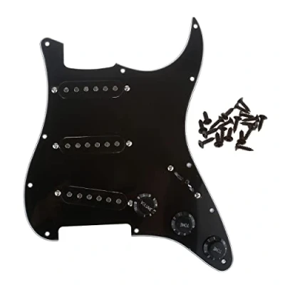 Abbildung von Musiclily SSS Vorverdrahtetes Schlagbrett Prewired Loaded Pickguard mit Single Coil Tonabnehmer Set für Strat ST Style E Gitarre,3 lagig Schwarz