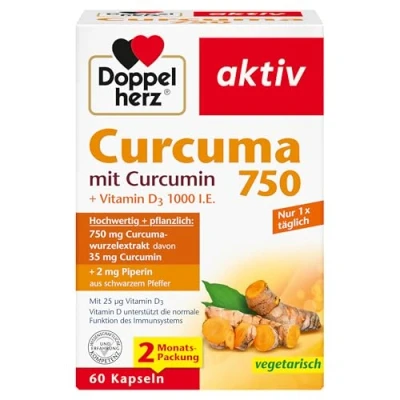 Abbildung von Doppelherz Curcuma 750 mit Curcumin + Vitamin D3 1000 I.E. D unterstützt die normale Funktion des Immunsystems 60 Kapseln