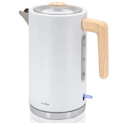 Abbildung von briebe Nordic Wasserkocher 1,7L Elektrischer Teekocher 2200W Schnell Aufheizender, BPA frei, 360 Sockel, Strix Controller, Automatische Abschaltung, Kabellos, Nordisches Design, Holzoptik, Weiß