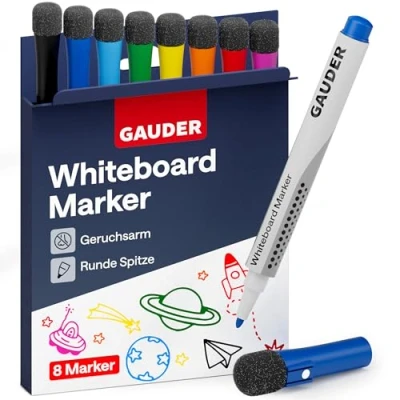 Abbildung von GAUDER Whiteboard Marker Set (8 Stück) Stifte Farben) trocken und rückstandsfrei abwischbar Dry Erase mit Schwamm ideal für Whiteboards Magnettafeln