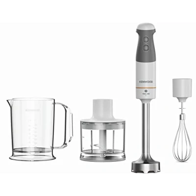 Abbildung von Kenwood Stabmixer HBM40.302WH, TriBlade System mit 3 Klingen, 1 Geschwindigkeit + Turbo, Metallstab 20 cm, inklusive Schneebesen, Messbecher, Zerkleinerer 0,5 l, 850 W, Weiß
