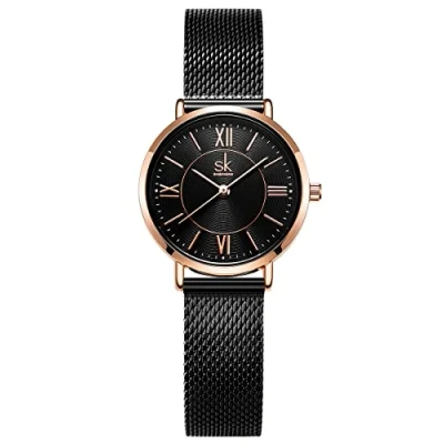 Abbildung von Alienwork Armbanduhr Damen Roségold Metall Mesh Armband Edelstahl Schwarz Ultra flach Elegant