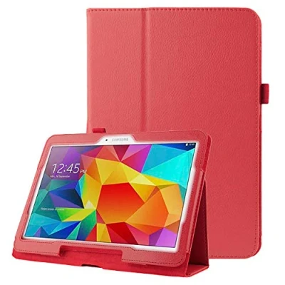 Abbildung von subtel® Flip Cover Tablethülle für Samsung Galaxy Tab 4 10.1 (SM T530 /SM T531 T533 T535) Tablet Schutzhülle mit Ständer, Kunstleder rot Bookstyle Case Bumper Klapphülle faltbar Tasche Hülle