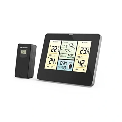 Abbildung von Hama Wetterstation WLAN mit App (Funkwetterstation Außensensor, smarte Thermometer, Hygrometer, Barometer u. Vorhersage, Werte für innen und außen, Farbdisplay) schwarz