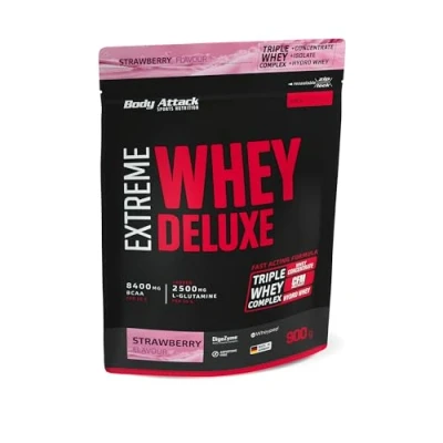 Abbildung von Body Attack Extreme Whey Deluxe Strawberry Cream, 900g Made in Germany Eiweißpulver mit Aminosäuren, Triple Complex, CFM Isolate, perfekt lösliches Protein Pulver, fettarm, zuckerarm