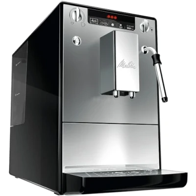 Abbildung von Melitta Solo &amp; Milk schlanker Kaffeevollautomat mit Milchaufschäumer, Kaffeemaschine abnehmbarem Wassertank, für z. B. Kaffee oder Cappuccino, silber