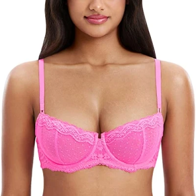 Abbildung von DOBREVA Balconette BH Damen mit Bügel Push Up Dirndl Spitze BHS Sexy Grosse Grössen Ungefüttert Neon Rosa 75D