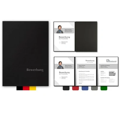 Abbildung von 5 Stück 3 teilige Bewerbungsmappen BL exclusivdruck® OPTIMA plus in Schwarz Premium Qualität mit edler Relief Prägung &#039;Bewerbung&#039; Produkt Design von &#039;Mario Lemani&#039;