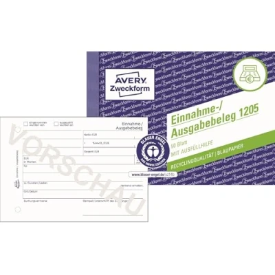 Abbildung von AVERY Zweckform 1205 Einnahme /Ausgabebeleg (A6 quer, Recycling Papier mit 1Blatt Blaupapier, von Rechtsexperten geprüft für Deutschland zur ordnungsgemäßen, 50 Blatt) weiß