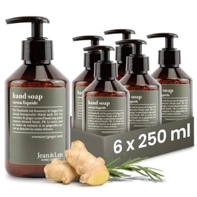 Abbildung von Jean &amp; Len Handseife Rosemary Ginger, reinigt beanspruchte Hände, für die tägliche Anwendung, Flüssigseife im nachfüllbaren Pumpspender, ohne Parabene, Silikone Mikroplastik, 6 x 250 ml